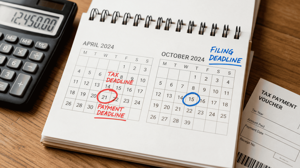Calendar illustrating that Form 7004 extends the filing deadline but not the tax payment deadline