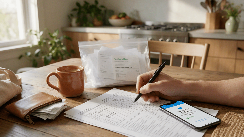 Person reviewing a tax return next to a smartphone showing a GoFundMe donation confirmation