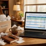 Small business owner organizing receipts and records before finalizing books for tax filing