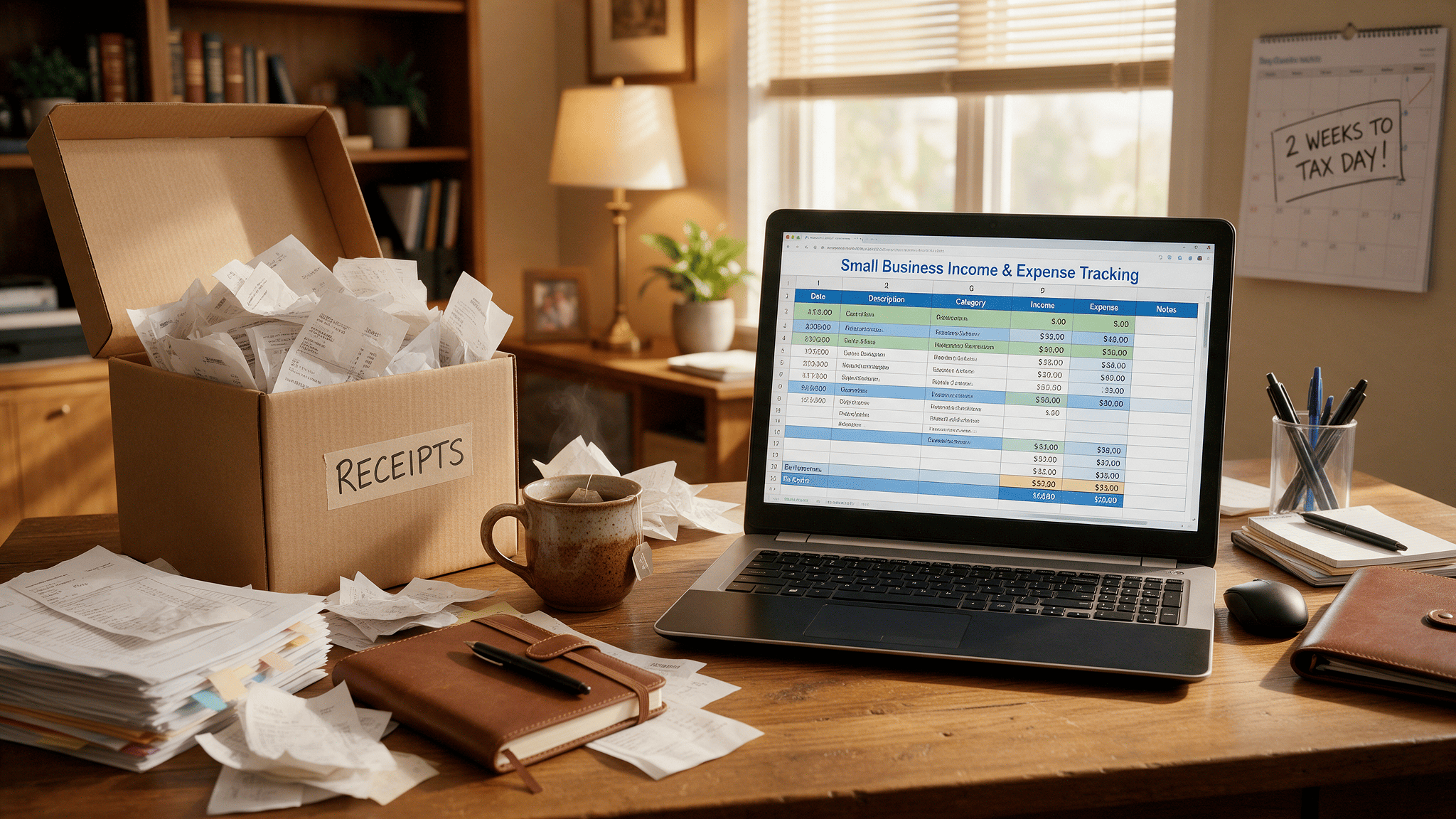 Small business owner organizing receipts and records before finalizing books for tax filing
